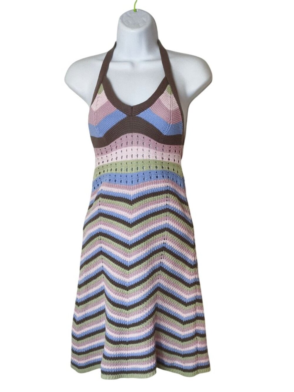 Pink Rose XS Knit Halter Mini Dress Multicolor Open Back Boho Cottage Coquette